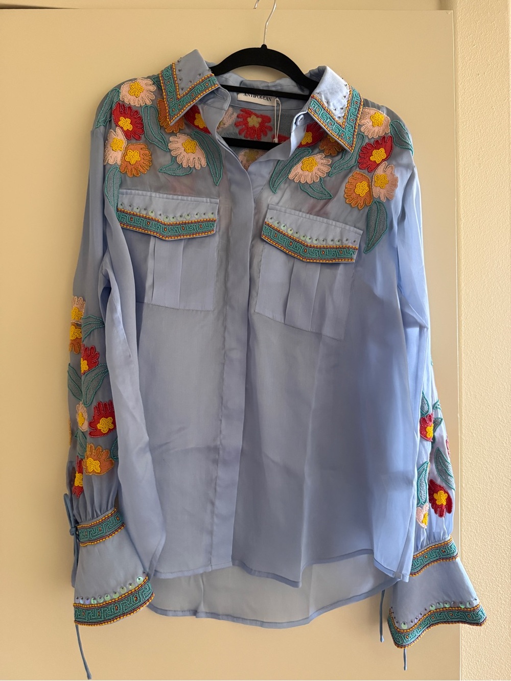 Light Blue Embroidered Floral Button-Down Shirt